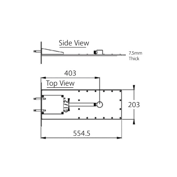 Fienza Komo wall mounted overhead sheet shower technical drawing showing side and top views, chrome rectangular profile, 7.5mm thick