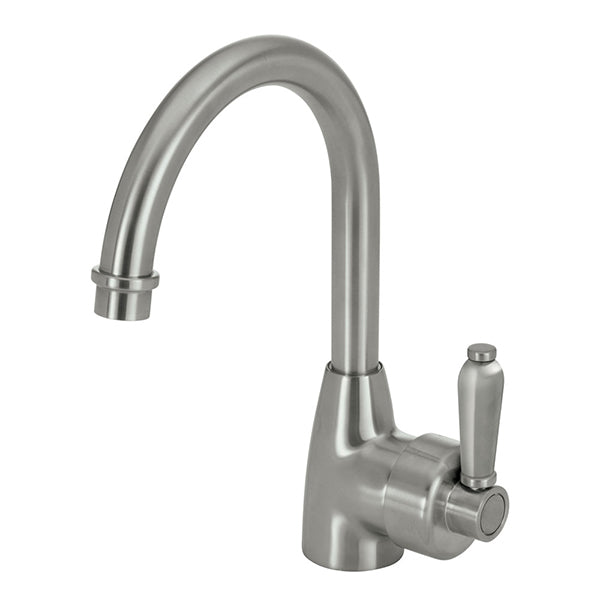 Fienza Eleanor gooseneck basin mixer in brushed nickel, with tall curved spout and side lever handle