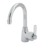 Fienza Eleanor chrome gooseneck basin mixer with white ceramic handle, side view on white background