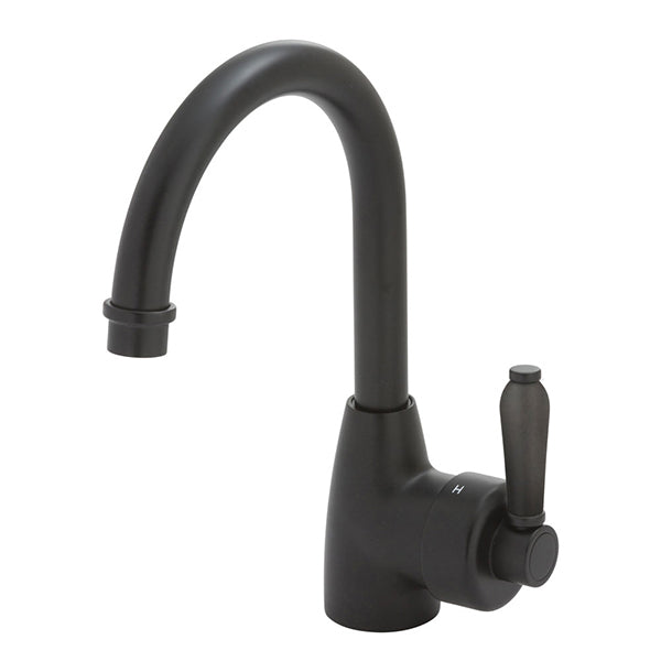 Fienza Eleanor gooseneck basin mixer in matte black with tall curved spout and single lever handle on white background