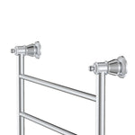 Fienza Lillian chrome heated towel rail, close-up of the round wall mounts and ladder bars on a white background