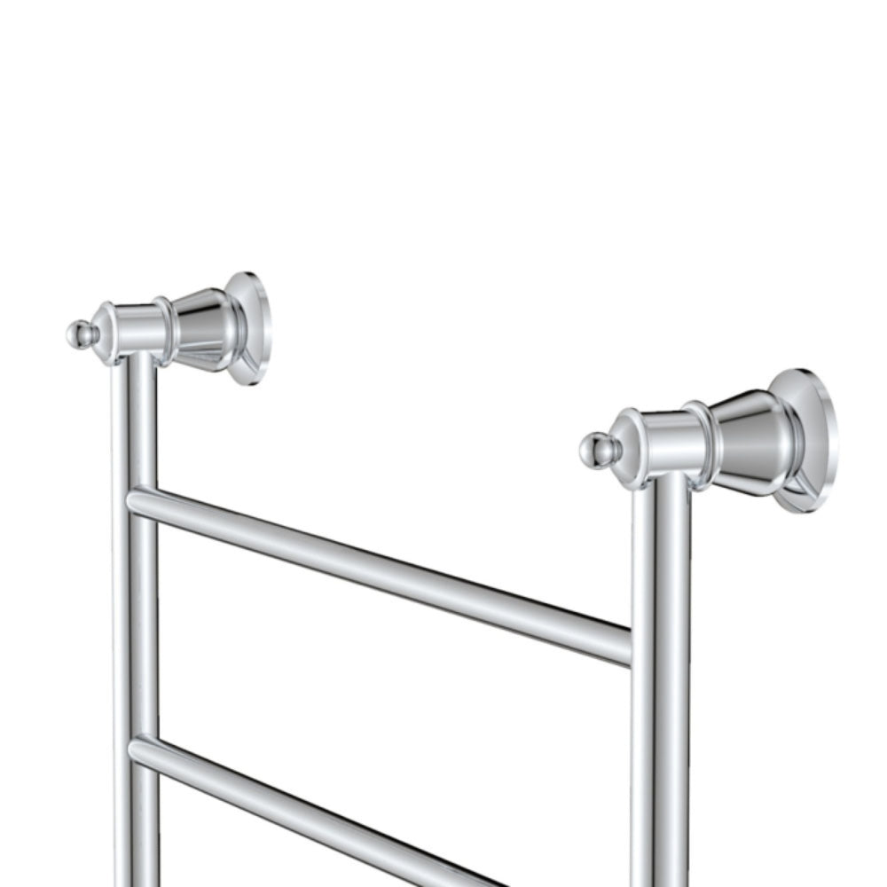 Fienza Lillian chrome heated towel rail, close-up of the round wall mounts and ladder bars on a white background