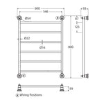 Fienza Lillian heated towel rail technical drawing, chrome 600 x 800mm 6-bar ladder with wiring positions and dimensions