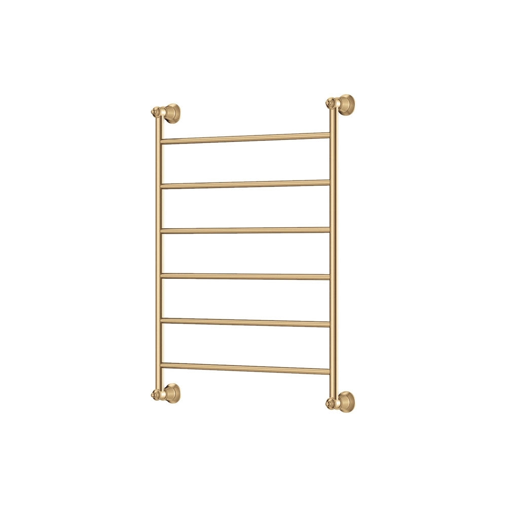 Fienza Lillian heated towel rail, 6-bar ladder in urban brass with round wall mounts, front view on white background