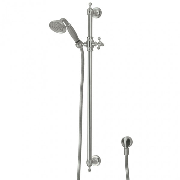 Fienza Lillian rail shower in brushed nickel with round handset and rail slider, shown front on against white background