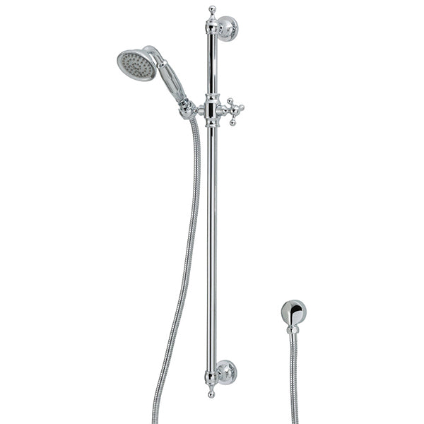 Fienza Lillian rail shower in chrome, with round handset, adjustable rail and cross handle on a white background