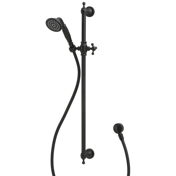 Fienza Lillian matte black rail shower with round hand shower, hose and wall brackets on a white background