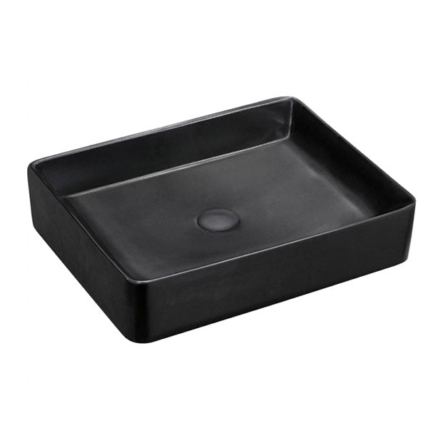 Fienza Luciana matte black above counter basin, rectangular vitreous china bowl, angled view