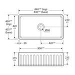 Technical drawing of Fienza Olivia large 835 reversible butler sink, gloss white ceramic, fluted front and dimensions shown