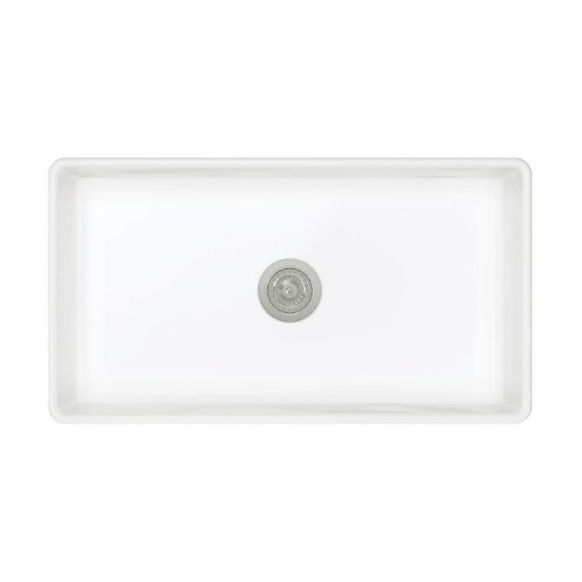 Fienza Olivia large 835 gloss white fire clay butler sink, single bowl, top view with central waste hole