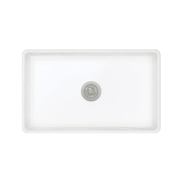Fienza Olivia medium white fire clay butler sink, single bowl, flat-front view with centred waste hole