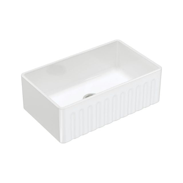 Fienza Olivia medium white fire clay butler sink with fluted front, single bowl and rectangular gloss finish