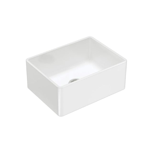 Fienza Olivia small 610 gloss white butler sink, reversible flat-front ceramic single bowl, angled view