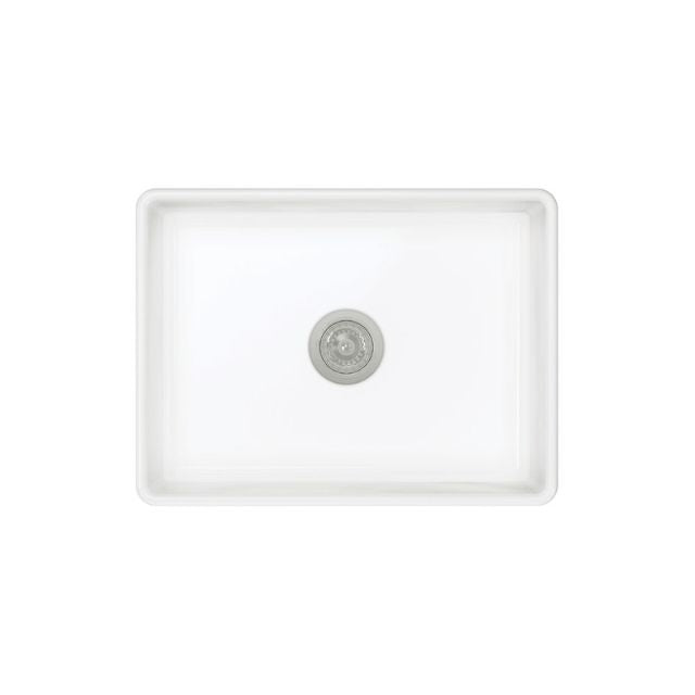 Fienza Olivia gloss white fire clay butler sink, flat front view, single bowl with central waste aperture