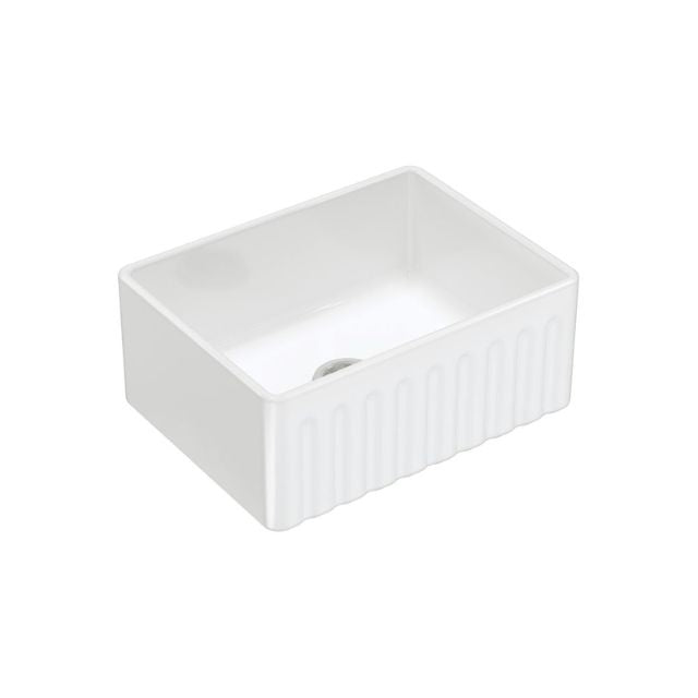 Fienza Olivia small 610 butler sink in gloss white fire clay, reversible fluted front, single bowl kitchen sink