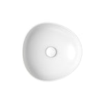 Fienza Pebble small above-counter basin in matte white, top view, round pebble-shaped vitreous china basin with slim rim and waste hole