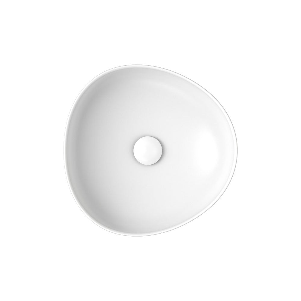Fienza Pebble small above-counter basin in matte white, top view, round pebble-shaped vitreous china basin with slim rim and waste hole