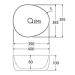 Fienza Pebble small above counter basin technical drawing in matte white with 400 x 395mm dimensions and 5mm rim, top and side views