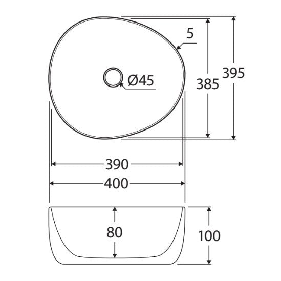 Fienza Pebble small above counter basin technical drawing in matte white with 400 x 395mm dimensions and 5mm rim, top and side views
