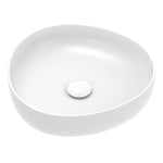 Fienza Pebble small above counter basin in matte white, oval vessel sink with slim rim and centre waste opening