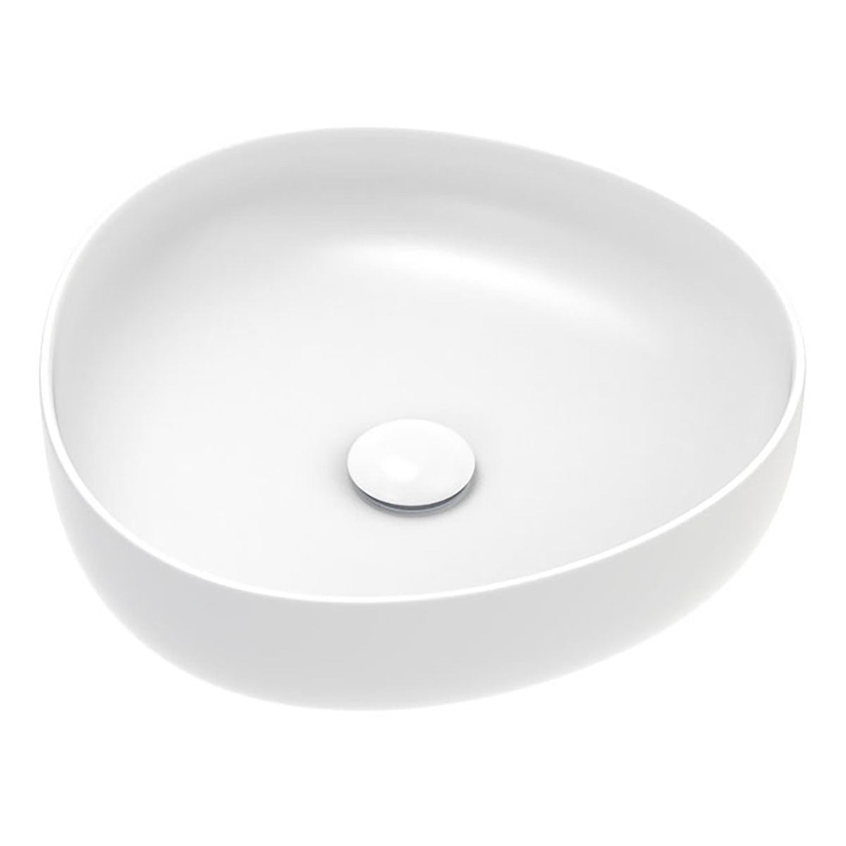 Fienza Pebble small above counter basin in matte white, oval vessel sink with slim rim and centre waste opening