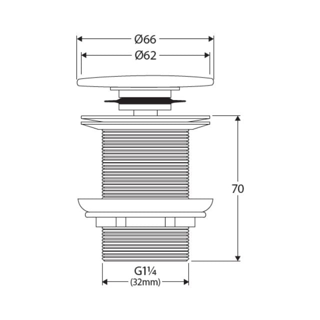 Fienza pop up basin waste technical drawing, white flat ceramic cap, 32mm non-overflow, with dimensions 66mm and 70mm shown