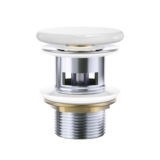 Fienza pop up basin waste with gloss white ceramic cap, chrome body and 32mm threaded outlet, front view on white