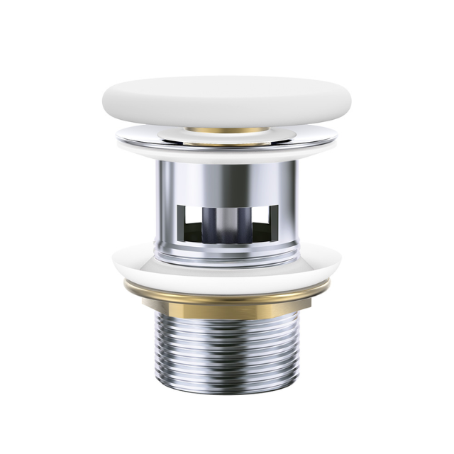Fienza pop up basin waste with flat matte white ceramic cap, overflow compatible, chrome and brass finish, front view