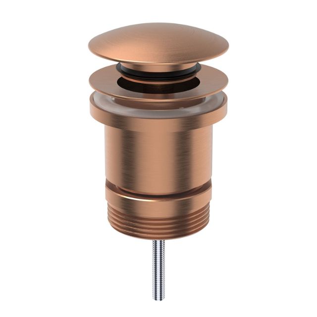 Fienza brushed copper pop-up/pull-out basin waste, round brass drain fitting with threaded base, isolated on white