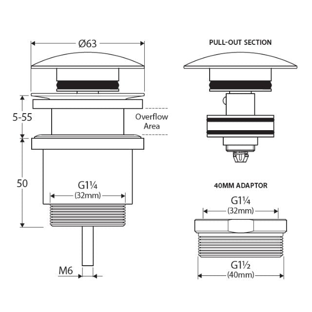 Technical drawing of a Fienza brushed nickel basin waste, showing pull-out section, overflow area and 32mm/40mm adaptor dimensions