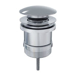 Fienza universal pop-up/pull-out basin waste in chrome, with brass dome cap, shown on white background.