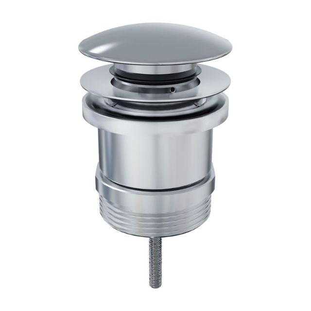 Fienza universal pop-up/pull-out basin waste in chrome, with brass dome cap, shown on white background.