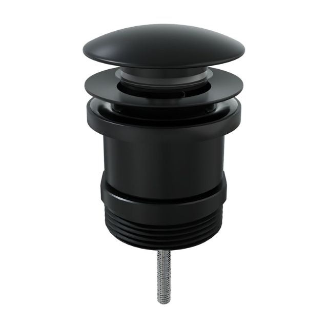 Fienza universal pop-up/pull-out basin waste in matte black, front view on white background