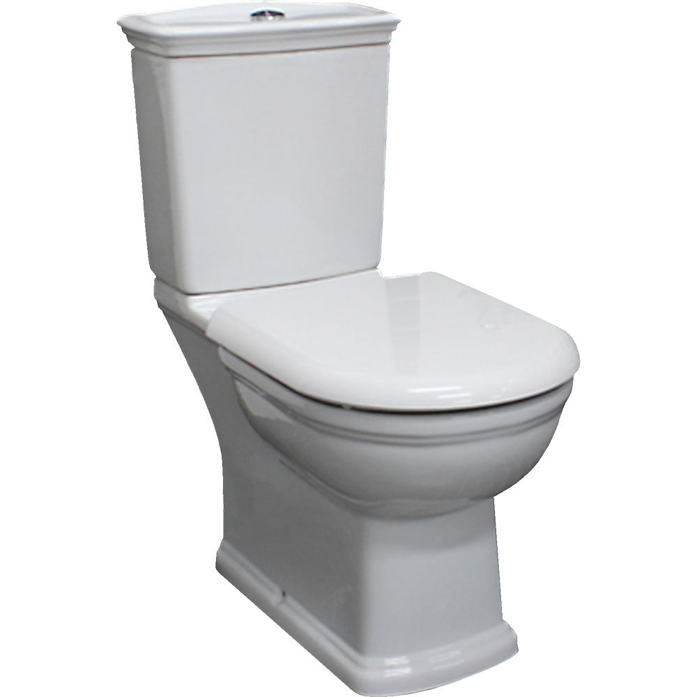 Fienza RAK Washington close-coupled toilet suite in white ceramic, traditional heritage style, angled front view