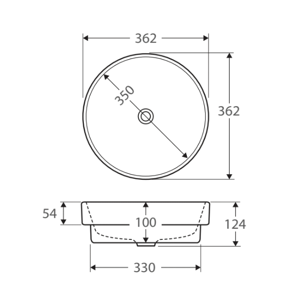 Fienza Reba round semi-inset basin technical drawing in gloss white, showing top and side views with dimensions.