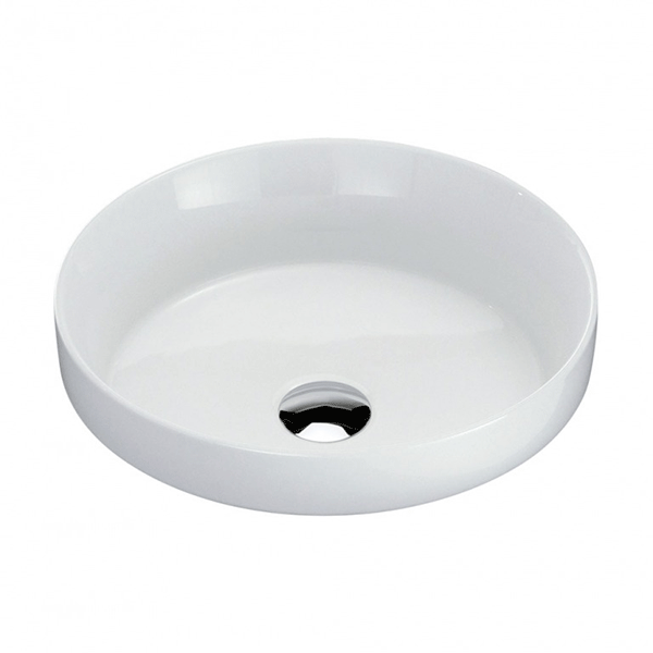 Fienza Reba semi-inset basin in gloss white, round ceramic bathroom basin with no taphole, top view