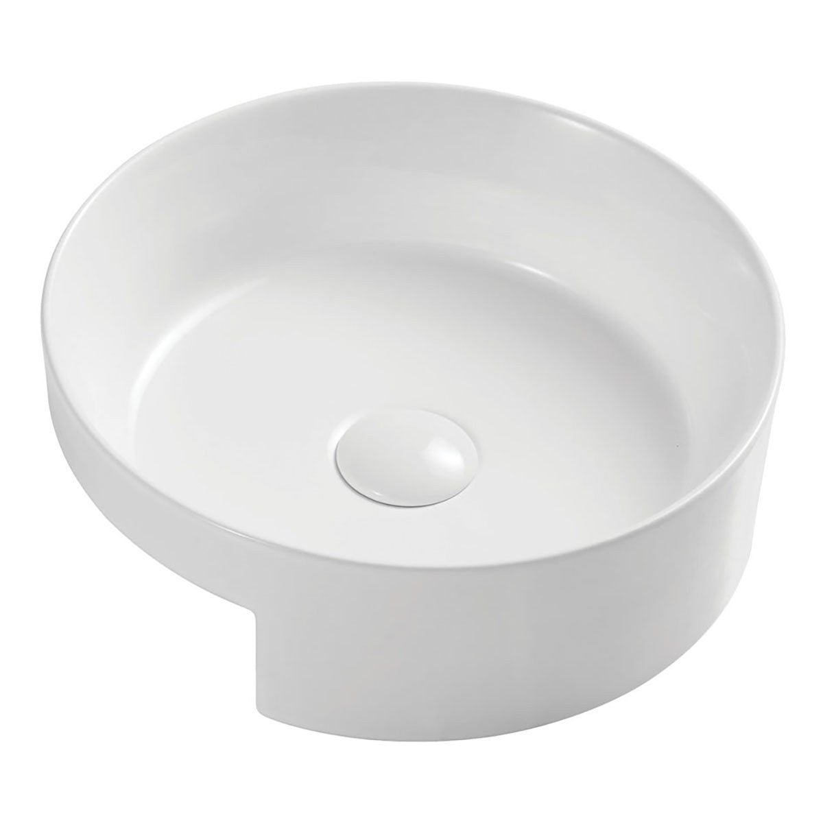 Fienza Reba semi-recessed basin in gloss white vitreous china, round bowl, no tap hole and no overflow