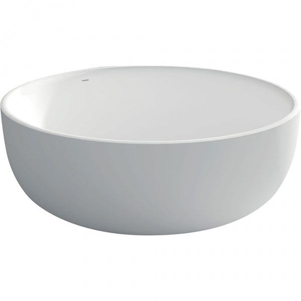 Fienza Shinto matte white round freestanding stone bath, side view on white background