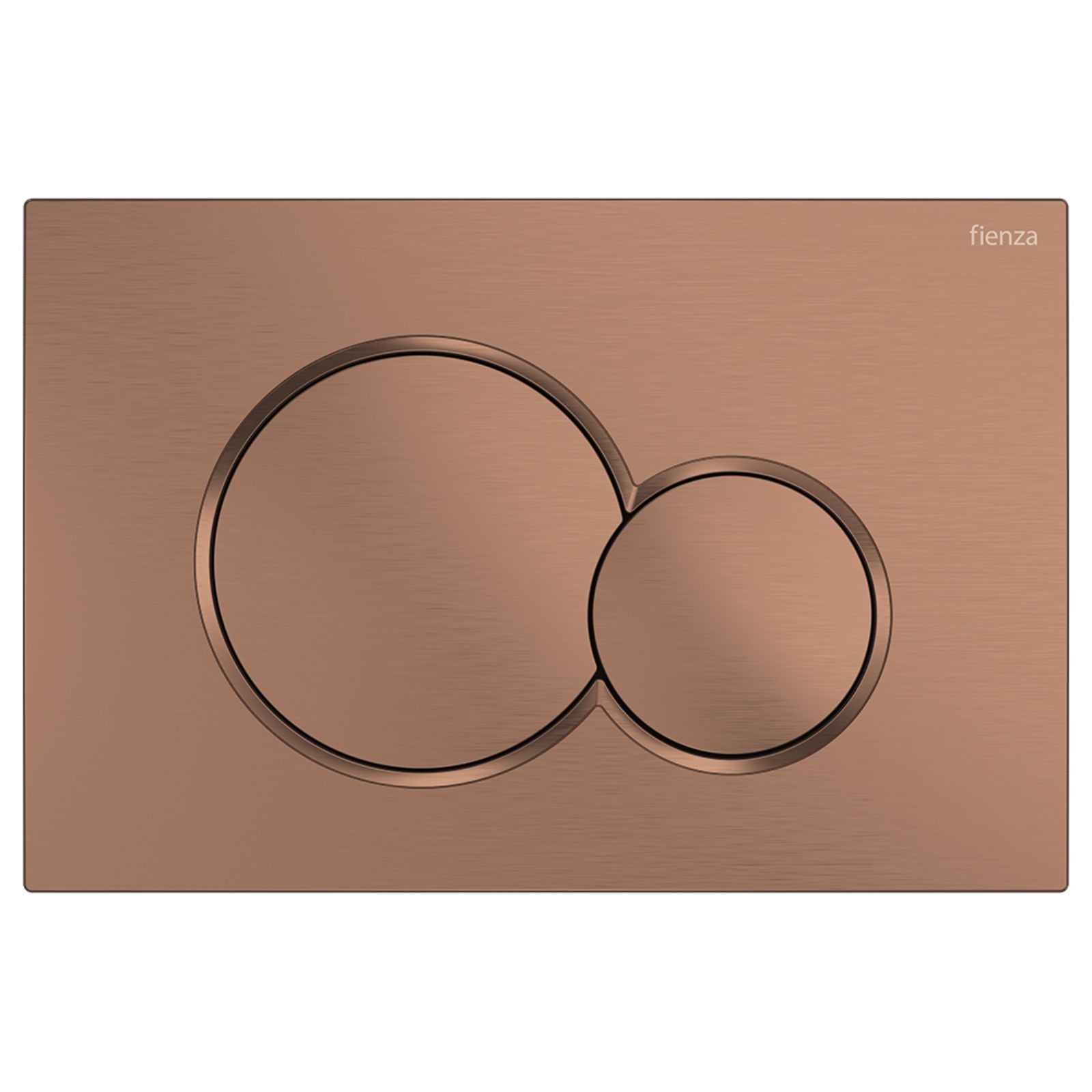 Fienza Sigma round dual flush button plate in brushed copper, rectangular with two circular buttons on white background