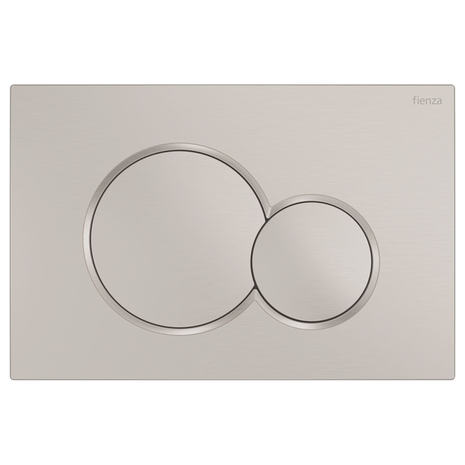 Fienza Sigma round dual flush button plate in brushed nickel, rectangular wall plate with two circular buttons