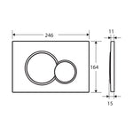 Fienza Sigma round dual flush button plate technical drawing, chrome, 246 x 164 x 15 mm, front and side views