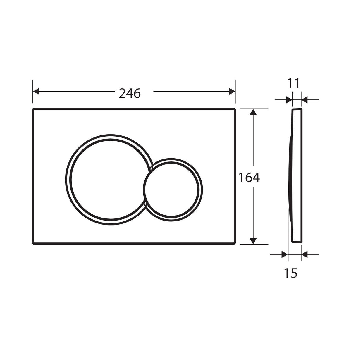 Fienza Sigma round dual flush button plate technical drawing, chrome, 246 x 164 x 15 mm, front and side views