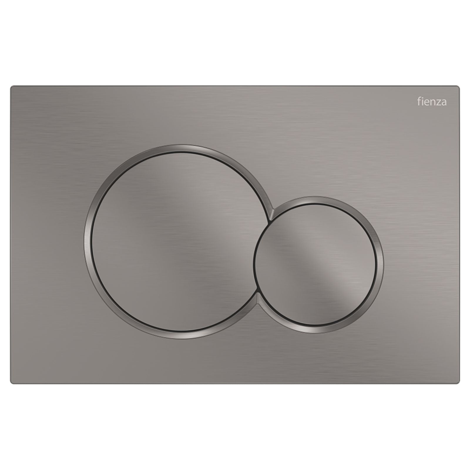 Fienza Sigma round dual flush button plate in gun metal, with brushed rectangular face and two circular buttons