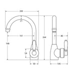 Fienza Eleanor chrome gooseneck basin mixer technical drawing with dimensions, showing front and side views