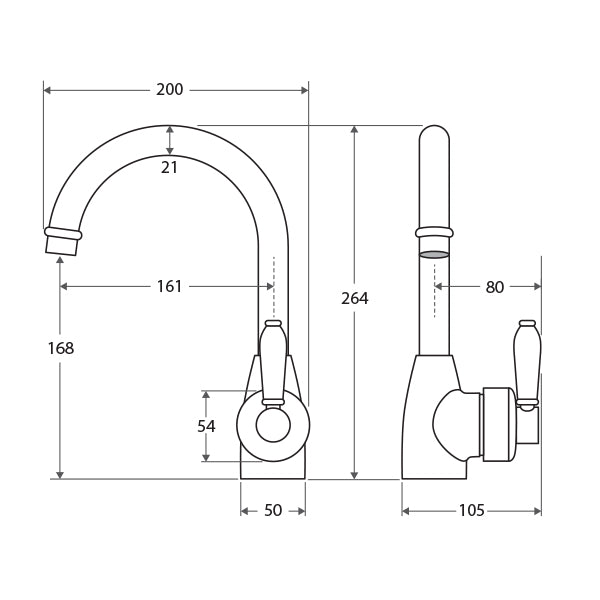 Fienza Eleanor chrome gooseneck basin mixer technical drawing with dimensions, showing front and side views