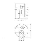 Technical drawing of Fienza Eleanor wall mixer diverter in matte black, showing side and front dimensions and round wall plate