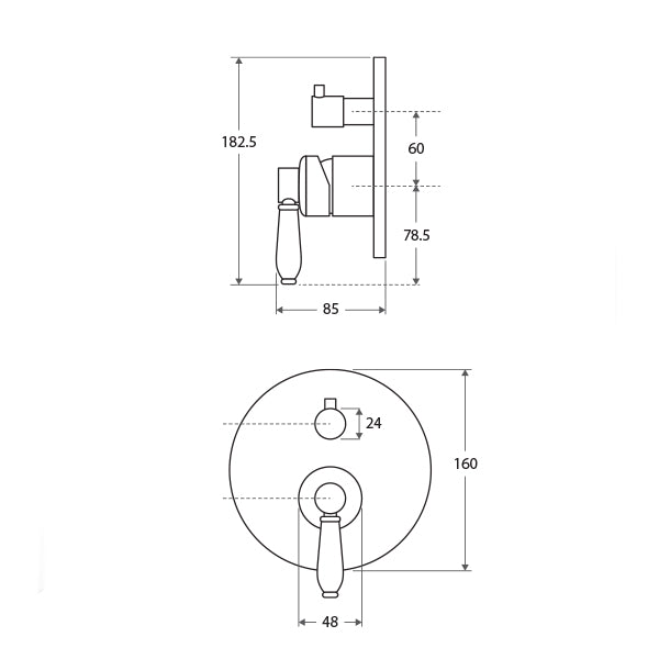 Technical drawing of Fienza Eleanor wall mixer diverter in matte black, showing side and front dimensions and round wall plate