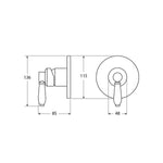 Fienza Eleanor wall mixer chrome technical drawing with dimensions, showing side and front views of the wall-mounted tap
