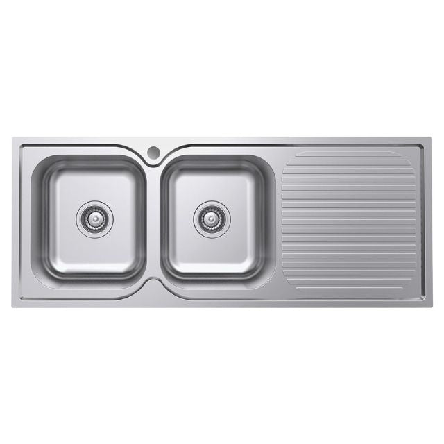 Fienza Tiva stainless steel topmount kitchen sink with double bowls and right-side drainer, 1 tap hole, left-hand bowl variant