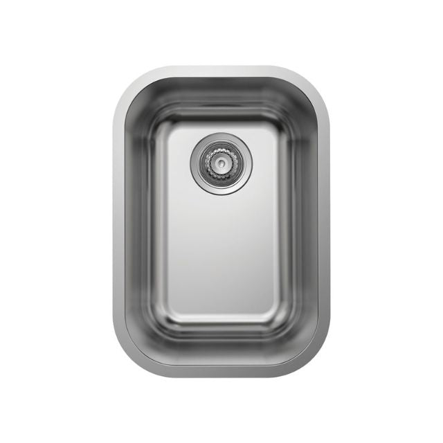 Fienza Tiva single bowl stainless steel kitchen sink, top view, rectangular 22L sink with waste hole, no tap hole